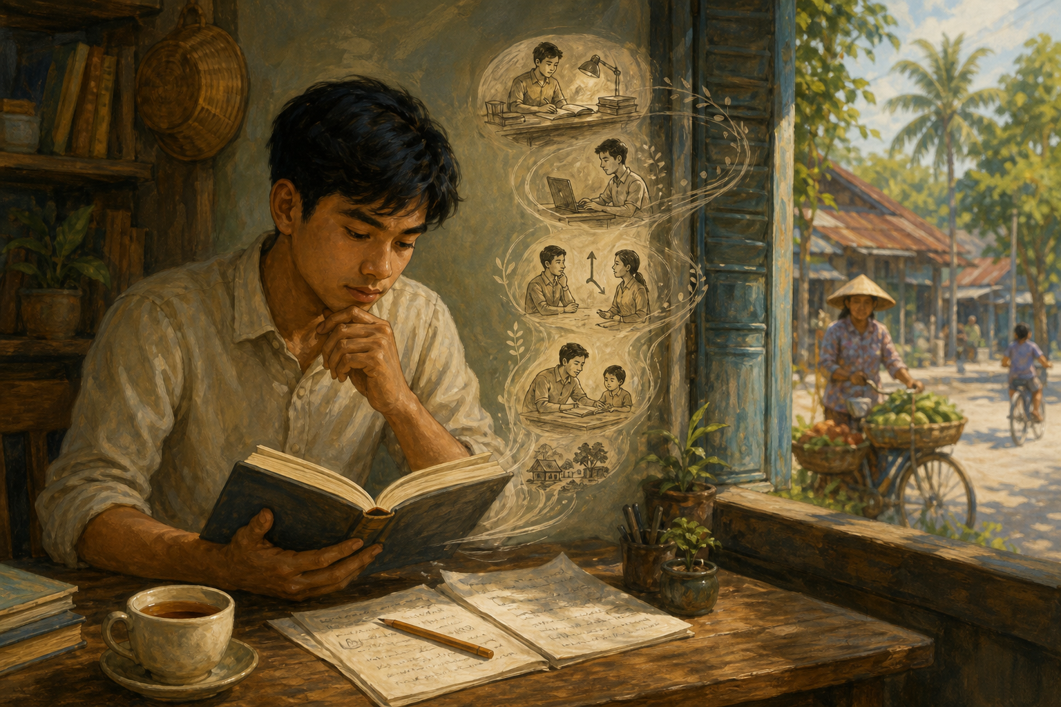 គំនូរបែបវិចារណកថា បង្ហាញយុវជនខ្មែរកំពុងអានសៀវភៅ និងកត់ត្រាគំនិតដើម្បីយកទៅប្រើក្នុងជីវិតប្រចាំថ្ងៃ