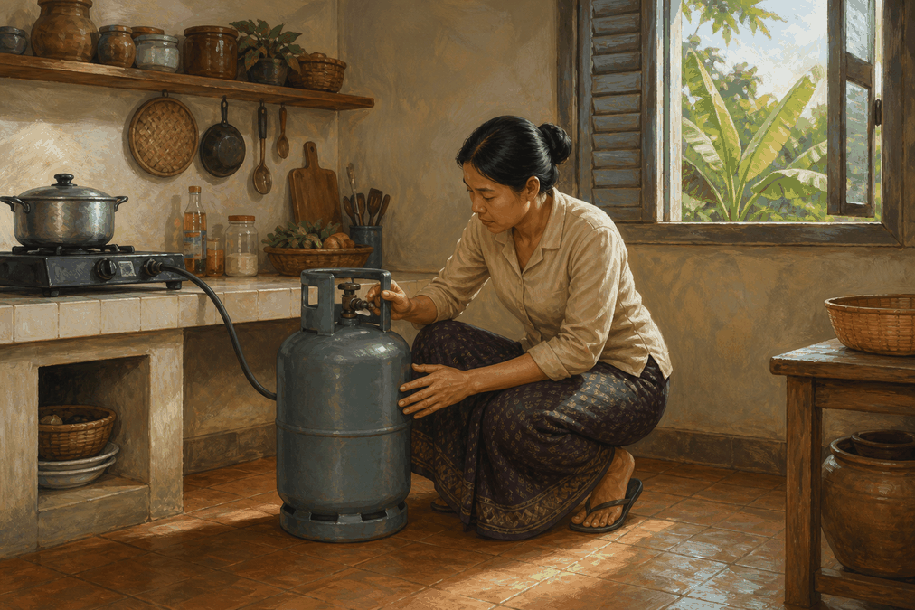 រូបគំនូរផ្ទះបាយខ្មែរដែលដាក់ដបហ្គាសត្រង់ និងមានខ្យល់ចេញចូលល្អ