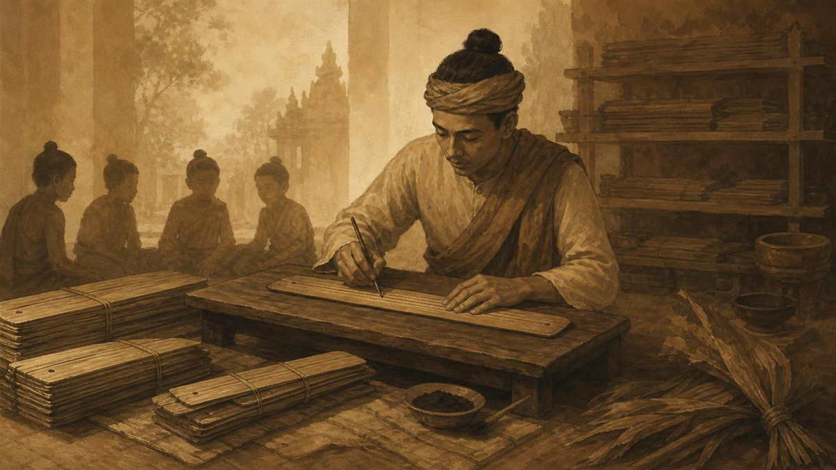 បុរសកំពុងឆ្លាក់ស្លឹករឹត
