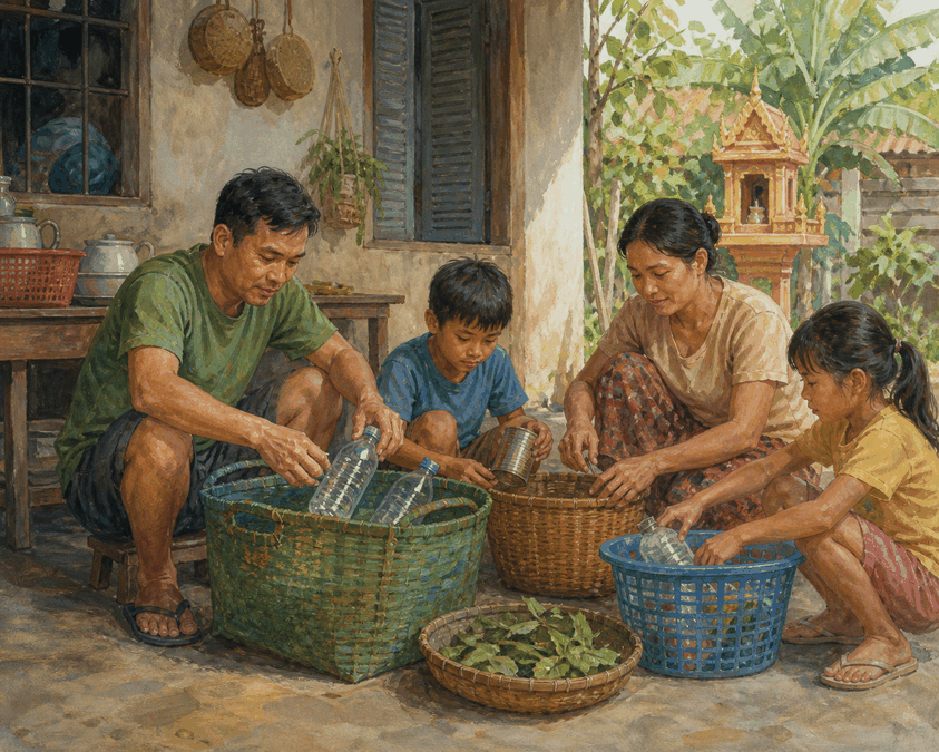 គំនូរគ្រួសារខ្មែរកំពុងបែងចែកសំរាម និងវត្ថុអាចប្រើឡើងវិញនៅផ្ទះ