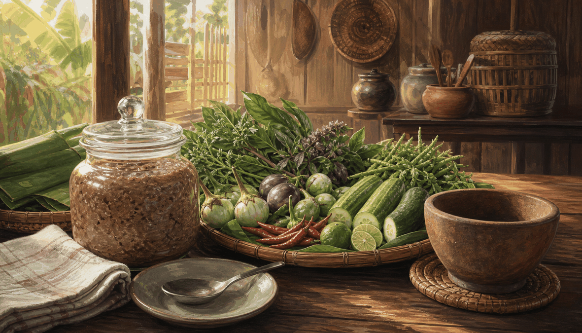 ប្រហុកក្នុងផ្ទះបាយខ្មែរ ជាមួយបន្លែស្រស់ និងស្លាបព្រាស្អាត