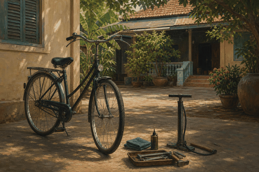 គំនូរបែបអត្ថបទបង្ហាញកង់មួយគ្រឿងនៅលើផ្ទះខ្មែរ មានឧបករណ៍ថែទាំតូចៗ និងពន្លឺព្រឹក