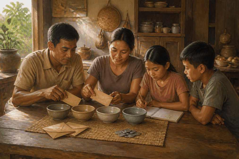គំនូរបែបវិចារណកថាអំពីតុគ្រួសារខ្មែររៀបចំថវិកាជាប្រអប់បួន