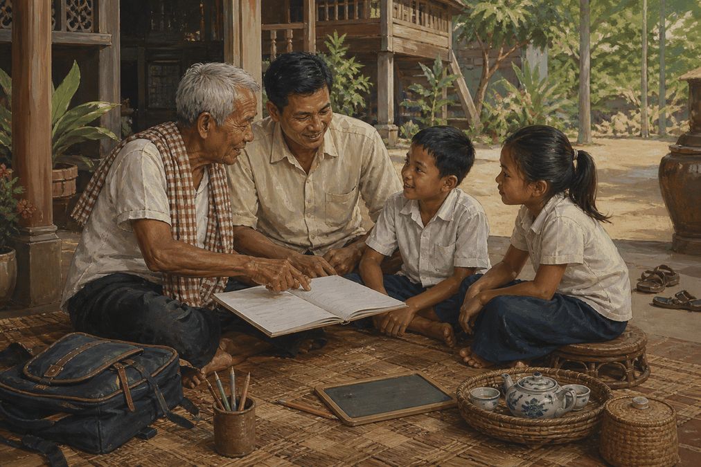 គ្រួសារខ្មែរកំពុងអង្គុយសន្ទនាពីសុភាសិត និងការរៀនសូត្រនៅផ្ទះ