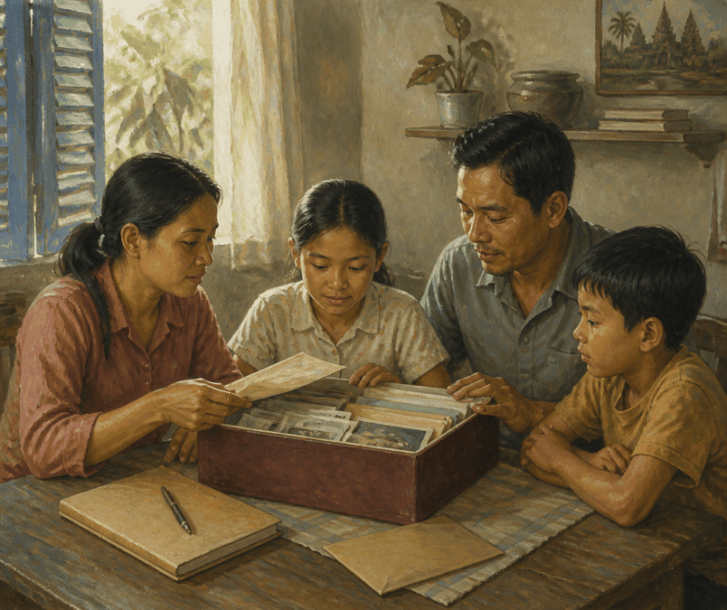 គំនូរគ្រួសារខ្មែរកំពុងរៀបចំព័ត៌មានសំខាន់ៗសម្រាប់សុវត្ថិភាពកូន