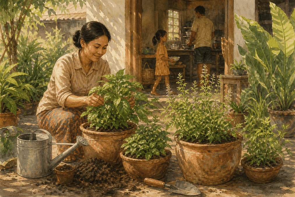 ផើងជីរនាងវងនៅរានហាលផ្ទះខ្មែរ ជាមួយឧបករណ៍ស្រោចទឹកពេលព្រឹក